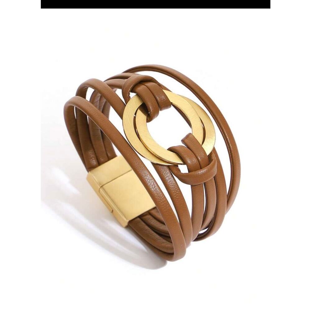 Minimalist Camel Faux Leather Wrap Bracelet Gold Circle Magnetic Cuff